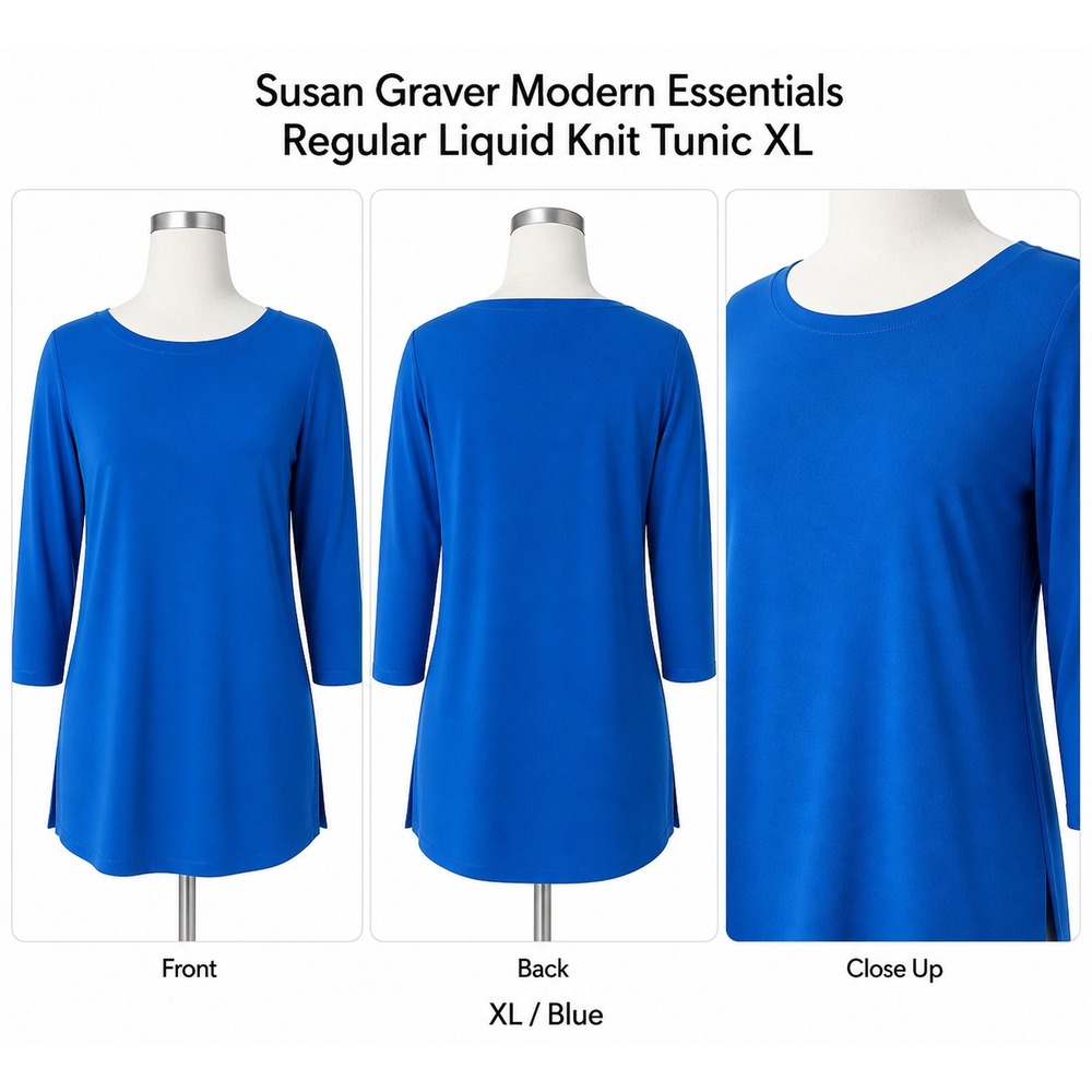 Susan Graver Modern Essentials Liquid Knit Tunic Blue XL 3/4 Sleeve Bateau Neck